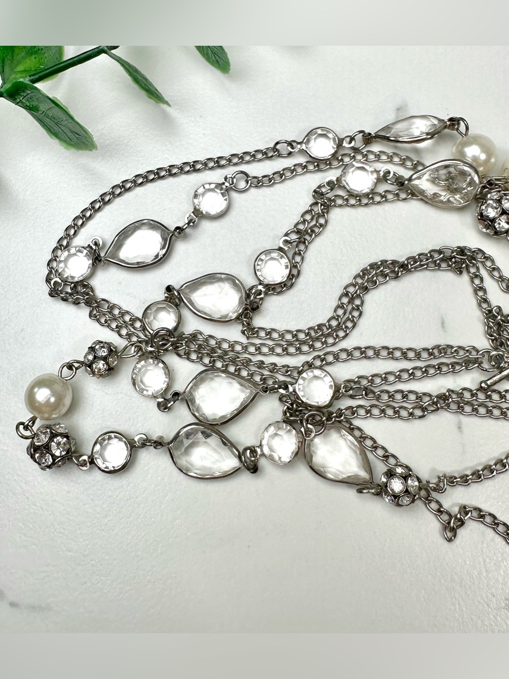 🤍Double Strand Silver Tone Long Necklace with Clear Stones and Pearls